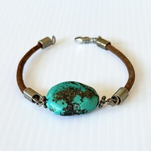 Vintage Boho Turquoise Nugget Bracelet w/ Sterling Beads • Leather Western Style